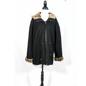 Vintage 1990s Herman Kay Black Wool Coat Leopard Faux Fur Trim Hood Grunge 90s